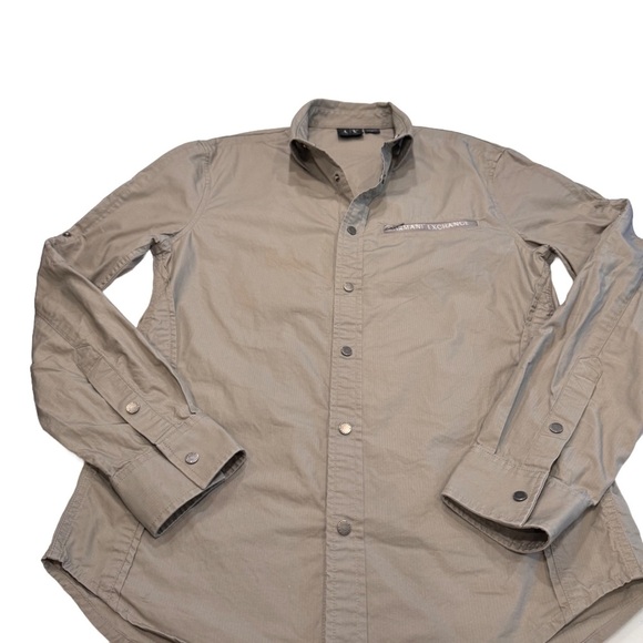 Armani Exchange Snap Down Shirt Sz S Taupe Roll Tab Sleeve Zip Close Pocket - Picture 2 of 13